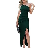Sarin Mathews Womens One Shoulder Long Formal Dress Sexy Summer Sleeveless Bodycon Ruched Wrap Split Cocktail Dresses
