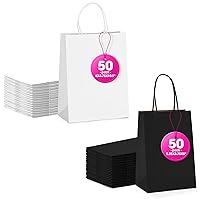 MESHA Black Gift Bags 5.25x3.75x8 Inches 50Pcs & 8x4.75x10.5 Inches 50Pcs White Paper Bags with Handles Small Shopping Bags,Wedding Party Favor Bags