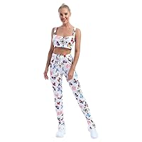dPois Women's Flower Print Athletic Bra Crop Top + Athletic Legging Yoga Pants Sport Fitness Clothes Set