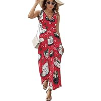 Japanese Sushi and Cute Cats Women's Sleeveless Dress V Neck Flowy Hem Sundresses Summer Beach Maxi Dress