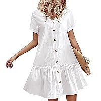Ruched Dresses for Women Solid Color Simple Casual Classic Loose Fit with Short Sleeve V Neck Button Dress
