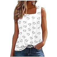 Summer Tank Tops for Women Loose Fit Pleated Square Neck Sleeveless Floral Tank Top Dressy Casual Flowy Curved Hem Tops