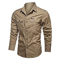 Men' Casual Shirts Long Sleeve Cotton Shirt Male Solid Oversize Military Cargo Clothes green8