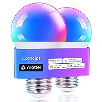 Consciot Smart Light Bulbs,WiFi Bluetooth Bulbs Works with Alexa/Google Home/Siri/SmartThings, RGBTW Color Changing LED Light Bulb, Music Sync Smart Bulbs E26 9W 800LM A19 Matter Smart Bulb, 2 Pack
