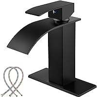 Midanya Waterfall Spout Bathroom Faucet Single Handle 1 Hole Bathroom Sink Faucet,Modern RV Lavatory Vanity Basin Faucet with 6 Inch Deck Plate for 1 or 3 Hole and Water Hose,Matte Black