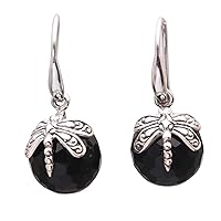 NOVICA Handmade .925 Sterling Silver Onyx Dangle Earrings Dragonfly from Indonesia Animal Themed Birthstone 'Dragonfly Eclipse'