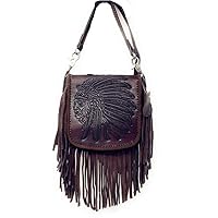 Western Genuine Leather Indian Head Cowgirl Crossbody Messenger Fringe Purse Bag in 4 colors