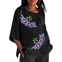 Alzheimers Awareness Shirts for Women 3/4 Sleeve Cotton Linen Floral Print Blouses Crewneck Top Purple T-Shirt