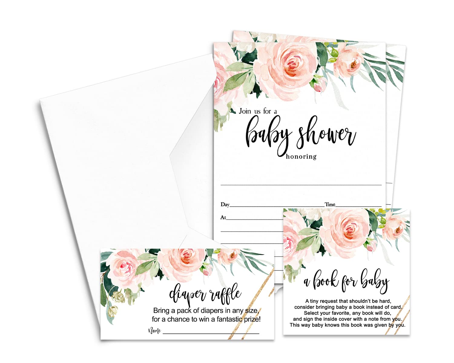 Graceful Floral Baby Shower Bundle (25 Guests) Pack Includes Diaper Raffle Insert, Bring a Book Cards, Blank Invites and Envelopes – Rustic Theme Pink and Gold – Perfect for Girls Printed Kit