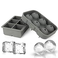 Ice Cube Trays Set of 2-Silicone Sphere Ice Ball Maker with Lid & Large Square Ice Molds for Whiskey, Cocktail & Brandy (Grey)