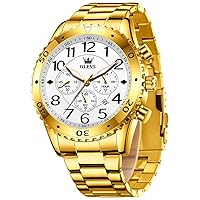 OLEVS Men's Business Dress Gold & White Watch Large Easy-Read Analog Quartz Date Luxury Stainless Steel Band Waterproof & Luminous