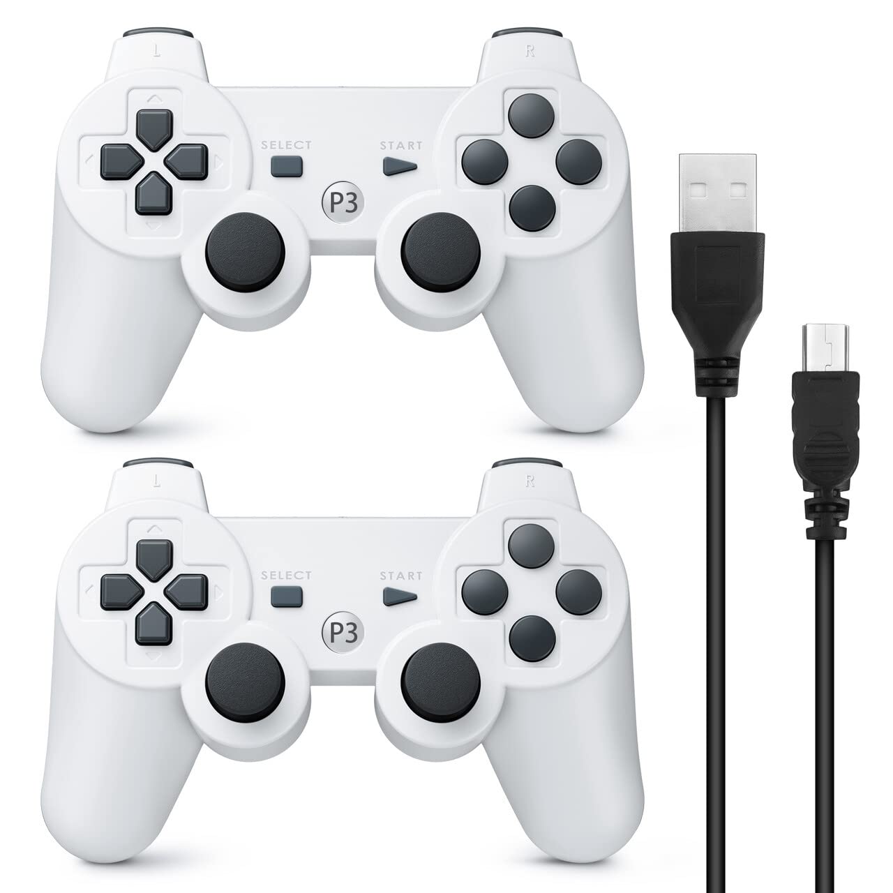 Powerextra PS-3 Wireless Controller Compatible with Play-Station 3, 2 Pack High Performance Gaming Controller with Upgraded Joystick Double Shock for Play-Station 3 (White)
