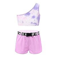 Kids Girls Sports Suit Tie Dye Print Crochet Crop Top with Shorts and Belt Set for Workout