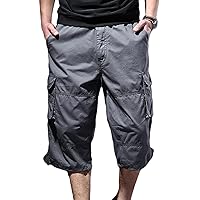 Men's Lightweight 3/4 Long Cargo Shorts Cotton Elastic Waist Below Knee Shorts Multi-Pockets Capri Short Pant
