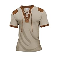 Men's T Shirt May Khaki Ho Short Sleeve Tie Neckline Top Solid Color T Shirt Blouse Gifts for Men