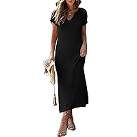 Pink Queen Women's Casual V Neck Short Sleeve Loose Side Slit Ribbed Knit Midi Dress