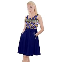 CowCow Womens Aztec Geometric Pattern Knee Length Skater Dress with Side Pockets, XS-5XL