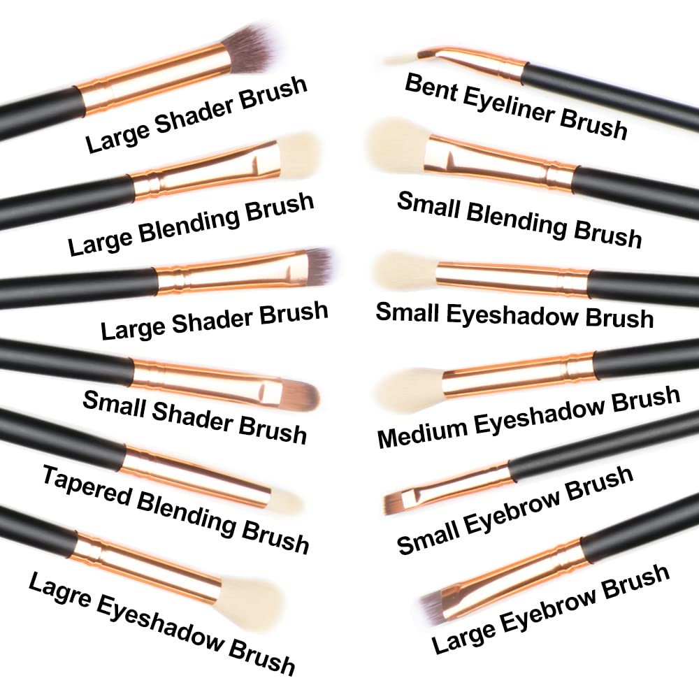 Qivange Synthetic Hairs Eyeshadow Brush Set 12PCS Black Rose Gold Makeup Brush Set for Concealer Eyebrow Eyeliner Eye Shadow Blending