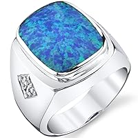 Men's Created Blue Fire Opal Knight Signet Ring 925 Sterling Silver, Large 15x12mm Cushion Cut, Sizes 8 to 13