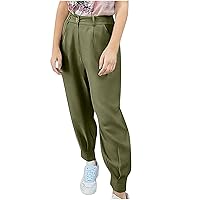 Women's Summer High Waisted Pants Casual Ankle Length Work Office Trousers Straight Leg Baggy Trousers with Pockets
