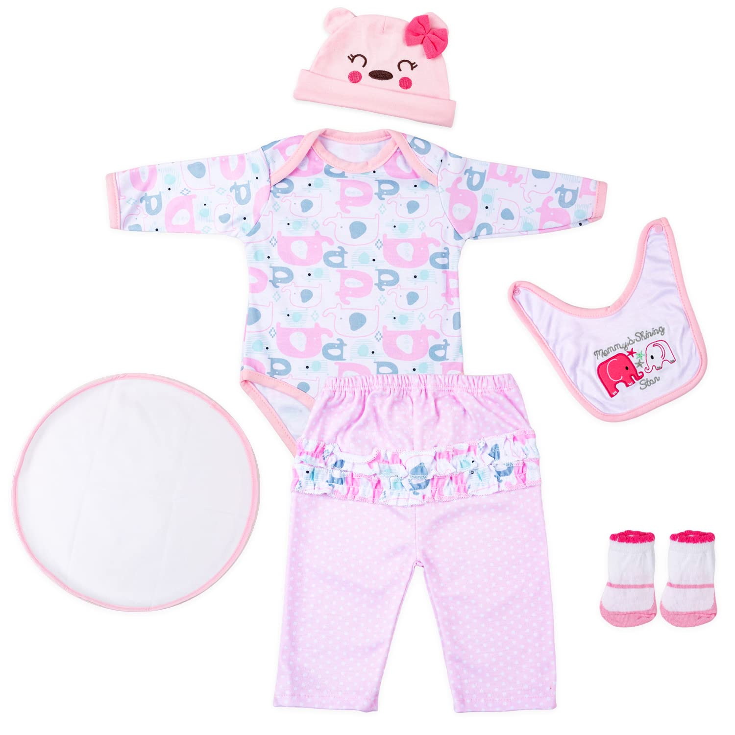 CARANOVO Reborn Baby Doll Clothes 22 inch Pink Elephant 6pcs Outfit Accessories Set for 18-22 Inch Reborn Doll