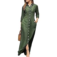 YMING Womens Long Sleeve Button Down Shirt Dress Casual Solid Color Maxi Dresses Loose Fit Blouse Dress with Pockets