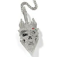 Hip Hop Iced Out Skull Head Pendant Necklace 18K Gold Plated Bling Lab Diamond Zirconia Paved Rose Flower Eye Demon Necklace with Rope Chain Jewelry Gift for Men Women