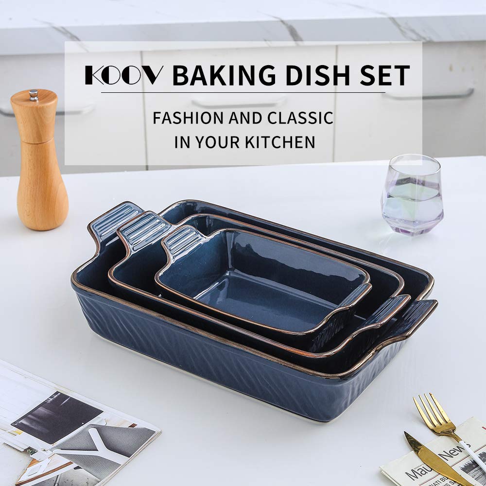 KOOV Bakeware Set, Ceramic Baking Dish, Rectangular Lasagna Pans for Cooking, Cake Dinner, Kitchen, 9 x 13 Inches, Texture Series 3-Piece (3 Piece, Aegean)