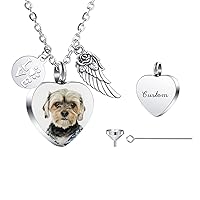 Personalized Urn Necklace for Ashes Heart Paw Print Dog Tag Stainless Steel Pendant Engraving Photo, Pet Dog Cat Name Cremation Jewelry for Women Men with Angel Wings