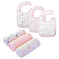 Little Grape Land 3 Pack Muslin Swaddle Blankets Large Size 47x47in & 3 Pack Muslin Baby Bibs 9x13.5in, Pink, Waves, Stars, Clouds