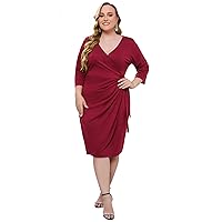 Plus Size Wrap V Neck Cocktail Midi Dress for Curvy Women 3/4 Sleeve Ruched Belted Wedding Guest Cocktail Dress