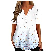 Womens Henley Short Sleeve T Shirts V-Neck Tunic Tops Casual Loose T-Shirts Button Up Blouses Floral Print Basic Tees