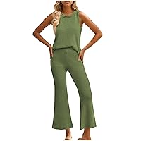 2 Piece Lounge Sets Women's Sweater Knit Outfits Sleeveless Tank Top and Wide Leg Pants Holiday Set Casual Loungewear