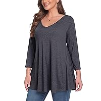 MONNURO Plus Size Tunic Tops for Women Loose Fit Dressy 3/4 Sleeve Shirt Casual V Neck Solid Color Blouses Tunic for Leggings