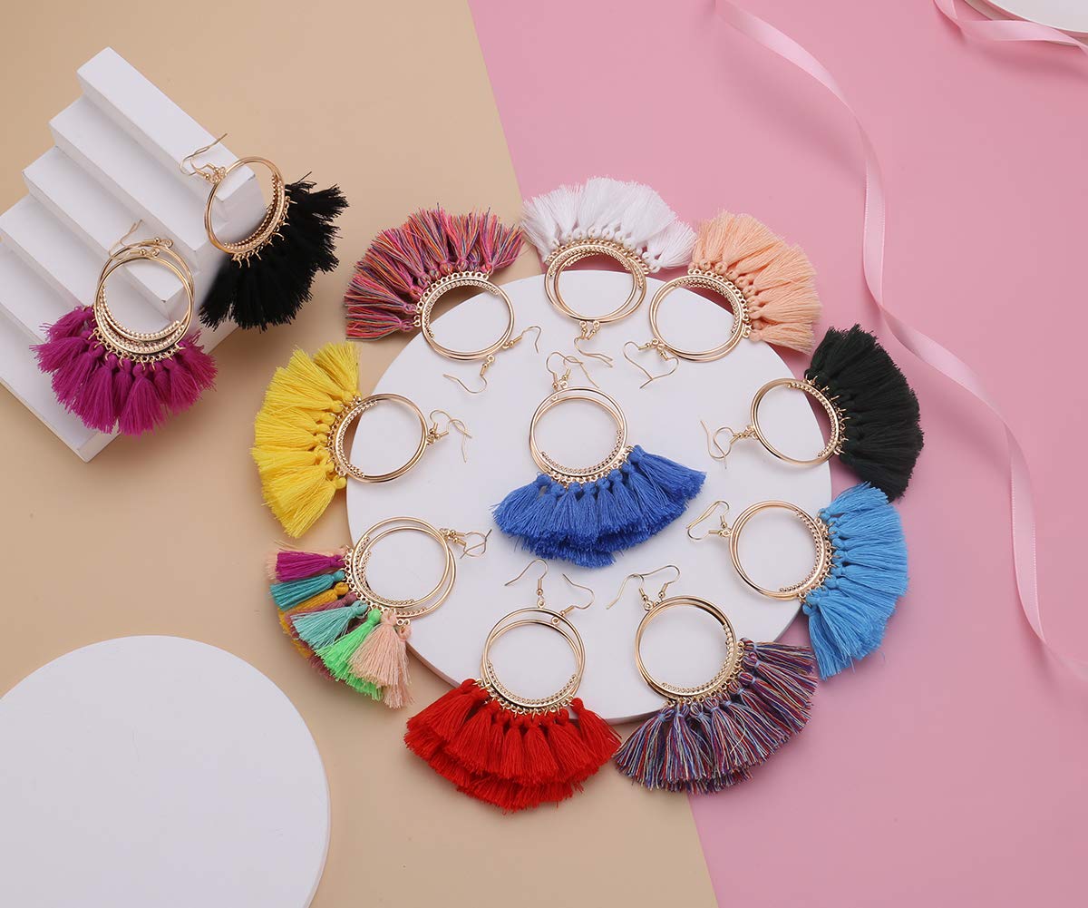 LANTAI 12 Pairs Bohemian Tassel Earrings Set-Trendy Colorful Fringe Summer Beach Statement Earrings for Women Girls