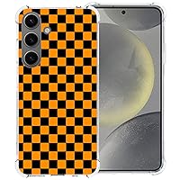 Phone Case for Samsung Galaxy S24, Orange Black Grid Plaid Regular Lattice Checkered Checkerboard Cute Shockproof Protective Soft Clear Cover Shell