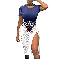 4th of July Womens Drawstring Ruched Split Bodycon Dress Summer Tie Dye Stars Stripes Short Sleeve Trendy Dresses