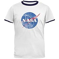 NASA Distressed Logo Mens Ringer T Shirt White-Navy LG