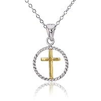 DECADENCE Sterling Silver Two-Tone Polished & Textured Cross in Open Circle18 Necklace