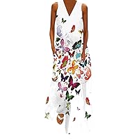 Women's V-Neck Fashion Printed Long Dress Flowy Floor Length Maxi Cocktail Party Dresses Stylish Pockets Wedding Guset Dress