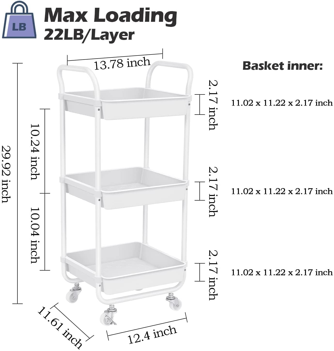 TOOLF 3-Tier Storage Rolling Cart, Kitchen Utility Cart with Wheels, Plastic Organiser Cart Rolling Trolley Shelving Unit, Storage Rack, Fruit Vegetable Rack