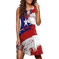 Women's 4th of July American Flag Sleeveless T-Shirts Dress, Casual Summer Flowy American Flag Patriotic Tank Tshirt Dresses