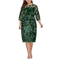 Sexy Sequin Dress for Women Plus Size 3/4 Sleeve Round Neck Cocktail Party Dress Formal Wedding Guest Dresses