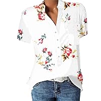 Summer Tops for Women 2024 Trendy Cute Floral Print Shirt Short Sleeve Casual V Neck Button Tunic Tops