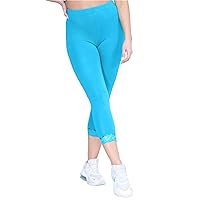 New Womens Lace Trim Plain 3/4 Leggings Gym Stretch Capri Cropped Jogging Pants Turquise