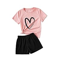 SOLY HUX Girl's Summer 2 Piece Outfits Short Sleeve Crop Top and Cute Print Shorts Sets Cute Clothing Set Pink Heart 10Y