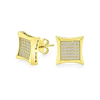 Geometric Unisex Mens Square Shaped Cubic Zirconia Micro Pave CZ Kite Stud Earrings For Men Yellow Gold Plated .925 Sterling Silver 5 7 9 11 12 MM