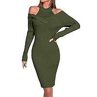 Langwyqu Womens Cold Shoulder Bodycon Sweater Dresses Sexy Halter Neck Long Sleeve Knit Midi Party Dress