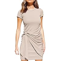 GRASWE Basic Tie Waist Tshirt Dress Casual Short Sleeve Dresses Crewneck Ruched Bodycon Mini Dress