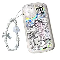Harajuku Girl Phone Case for iPhone 15 Pro Max, Korean Y2K Aesthetic Gothic Clear Protective Soft Shockproof Case with Flower Pearl Charm Wrist Strap for iPhone 15 Pro Max (for iPhone 15 Pro Max)